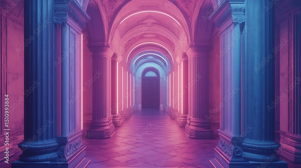 Obraz premium Neon-lit ancient corridor
