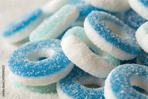 Close-up of a pile of delicious blue and white sugary rings candies