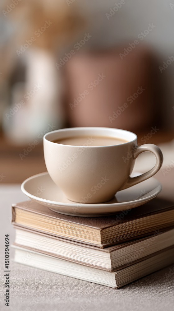 Fototapeta premium Cozy moment with teacup on books for relaxation and reading time