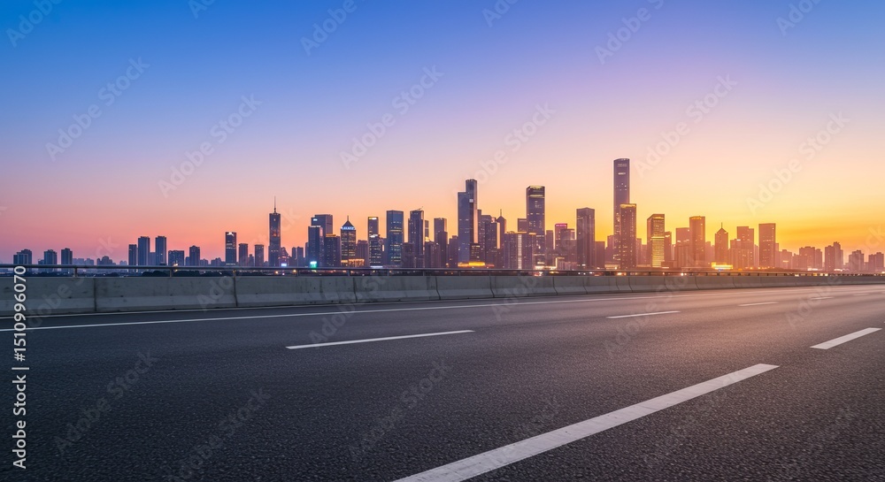 Fototapeta premium Cityscape Skyline at Sunset, Empty Highway Road