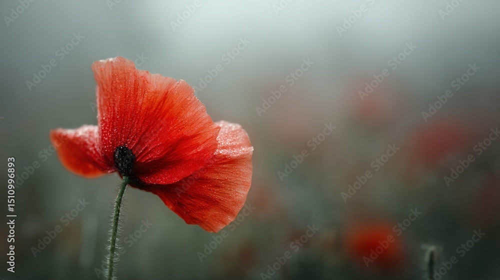 Obraz premium A clear photo of a red flower with glistening water droplets on its petals against a sharp green-and-yellow grass and flower backdrop