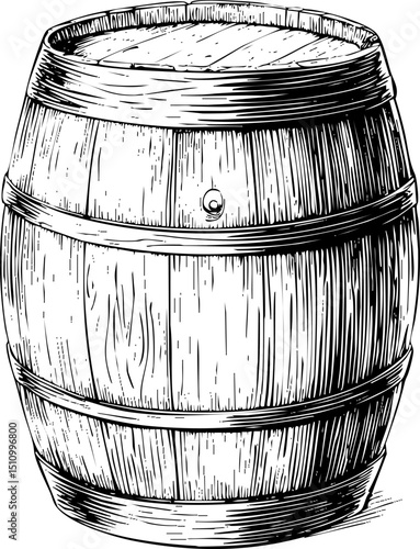 A black and white sketch-style illustration of a wooden barrel with metal bands, showing textured wood grain and a bung hole.