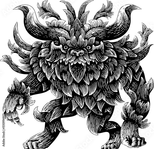 A black and white highly detailed illustration of a monstrous, ornate creature with multiple horns, clawed hands, and a scaly or feathered body, rendered in a woodcut or engraving style.