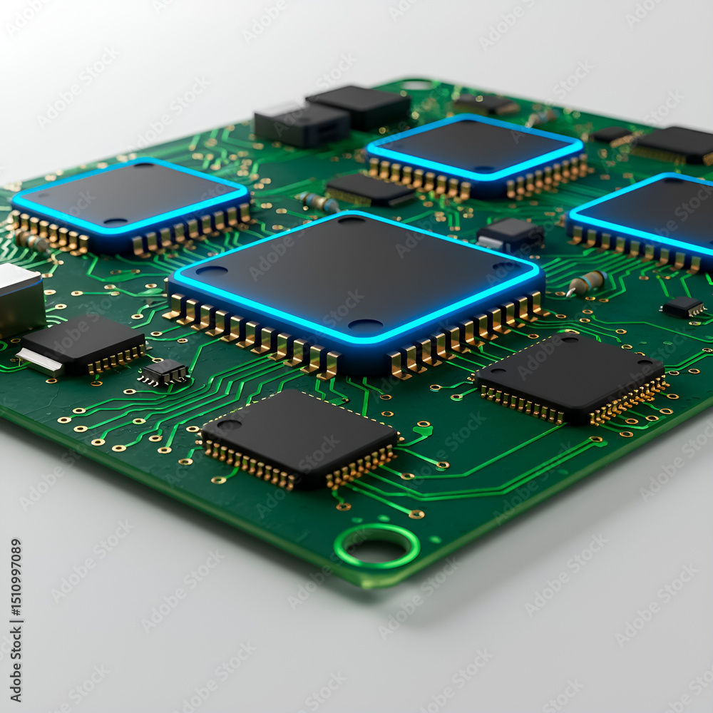 Obraz premium Illustration 3D of a High-Tech Circuit Board with Glowing Microchip