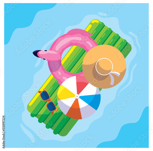 Vector Illustration: Inflatable Mattress with Flamingo, Beach Ball, Sunglasses, and Hat Floating in Water
