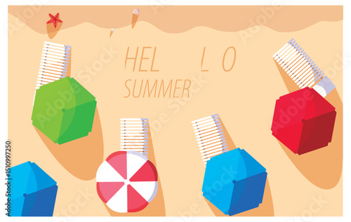 Vector Illustration: "Hello Summer" Beach Scene with Umbrellas and Deck Chairs