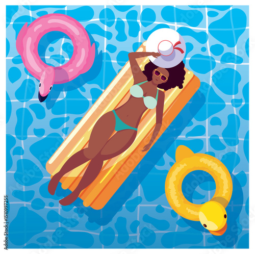 Vector Illustration: Woman Relaxing on Inflatable Mattress Surrounded by Floats in a Swimming Pool