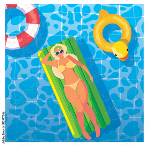 Vector Illustration: Woman Relaxing on Inflatable Mattress in Pool with Floaties