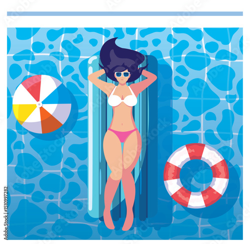 Vector Illustration: Woman Lounging on Inflatable Mattress in Pool with Beach Ball and Life Ring