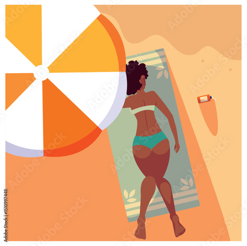 Vector Illustration: Woman Sunbathing on the Beach Under an Umbrella