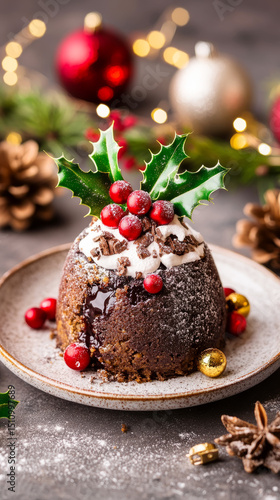 Wallpaper Mural Elegant christmas pudding with holly garnish for festive holiday celebration Torontodigital.ca