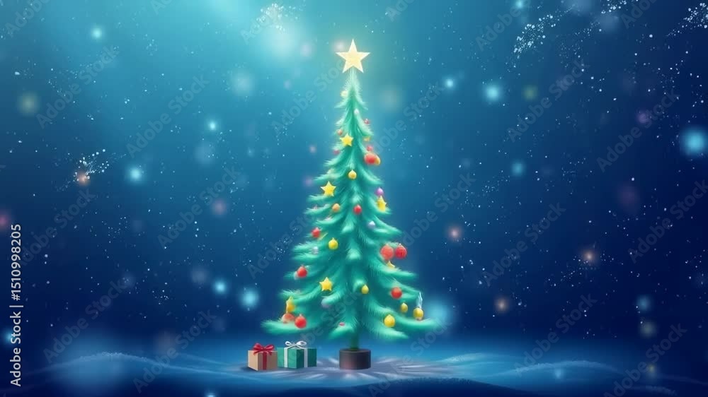 Festive Christmas Tree with Decorations on a Snowy Blue Background Illustration Festive Christmas Tree with Decorations on a Snowy Blue Background Illustration