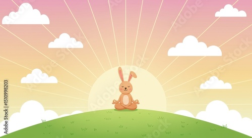 A serene bunny sits cross-legged on a grassy hill, meditating peacefully as the sun rises behind