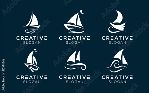 Set of Ship with Waves logo design templates. Modern isolated Sailling waves design for transportation and rental