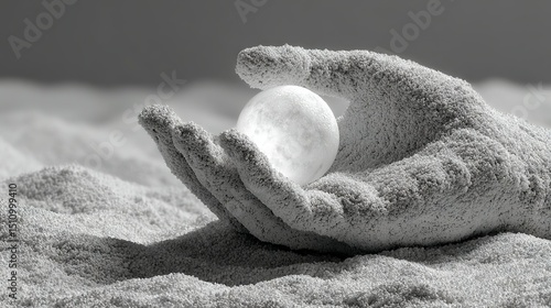   A monochromatic image of a person's hand grasping an apple amidst sand, against a leaden sky