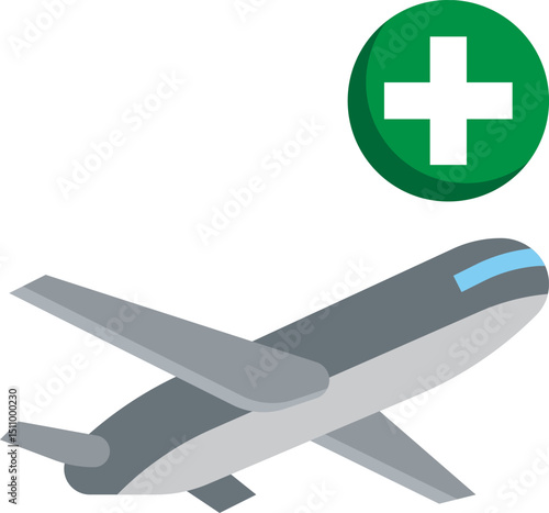 Airplane flying with a green plus symbol in the sky, representing medical air transport and emergency services for patients in need of urgent care.