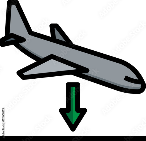 Airplane descending towards the ground with a green arrow indicating landing direction, symbolizing arrival and travel in a simple and clear manner.
