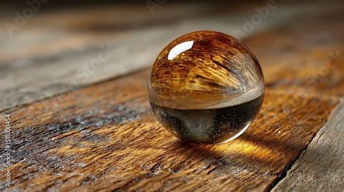   Wooden table close-up with glass object Light reflects off glass top
