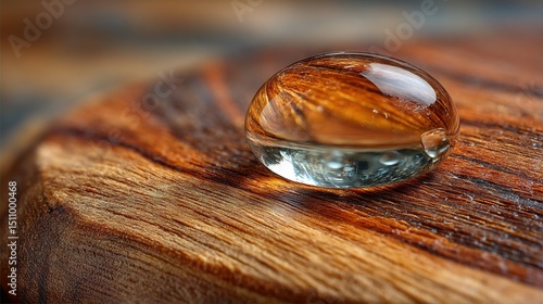   A drop of water rests atop a wooden table adjacent to another drop of water