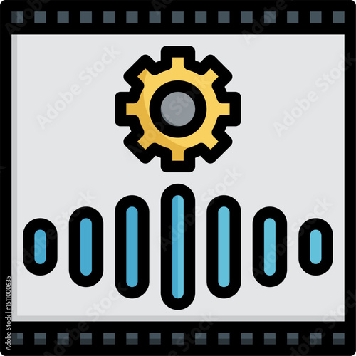 Golden gear hovers above blue sound waves on grey screen, representing audio settings and adjustments in a modern, technological theme.