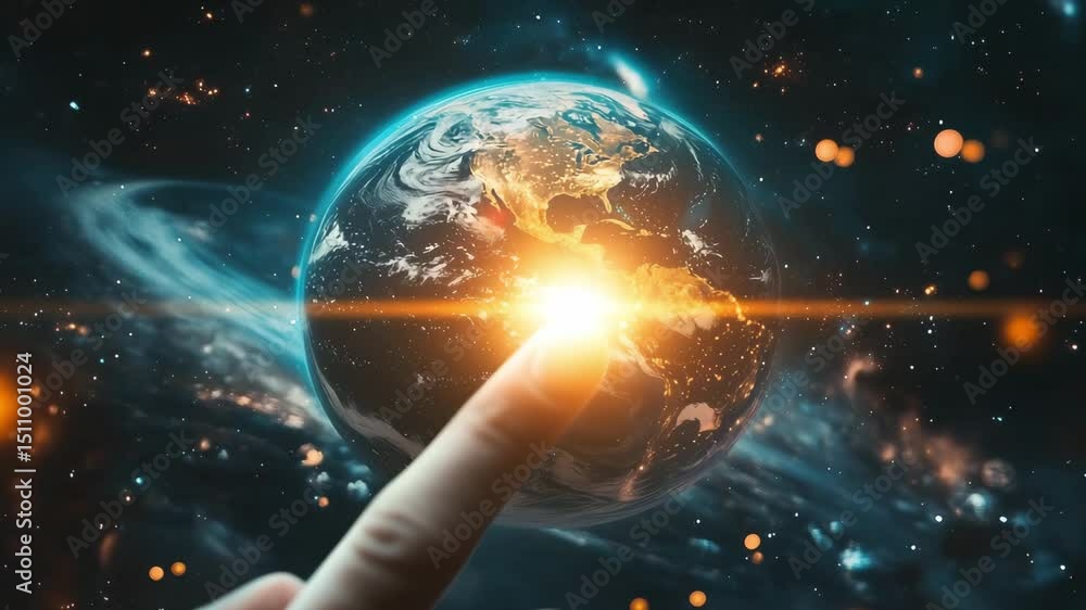 A finger reaches towards Earth as it glows brightly in the vastness of space, showcasing the beauty of our planet and the cosmos