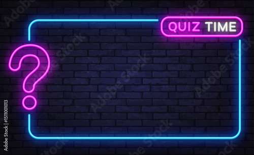 Dark neon template with pink question mark and quiz time tag, glowing blue border, modern trivia screen design