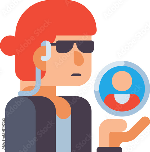Security guard holding profile picture in hand while working at corporate event, providing safety and protection for attendees.