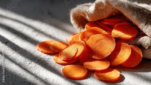  A white countertop houses a bag brimming with carrot slices alongside a mound of chopped carrots