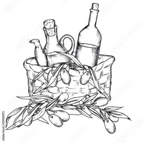 Olive branches and oil bottles in a wicker basket.⁠