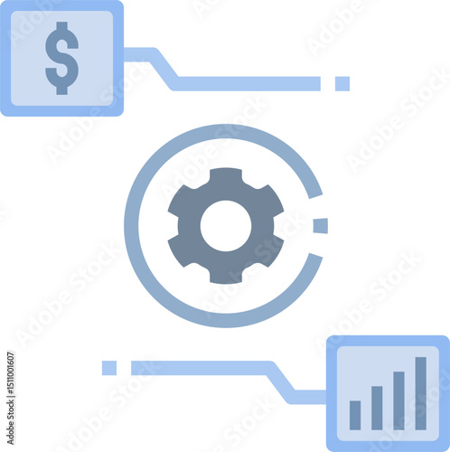 Dollar sign and graph connected by gear represent financial automation and growth in a modern, streamlined style.