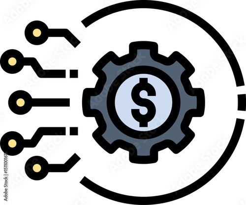 Gear with dollar sign connects to digital nodes, representing financial technology solutions and innovation in the modern business world.