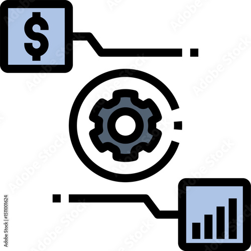 Dollar sign and bar graph connect to a gear representing financial automation and process optimization for business efficiency.