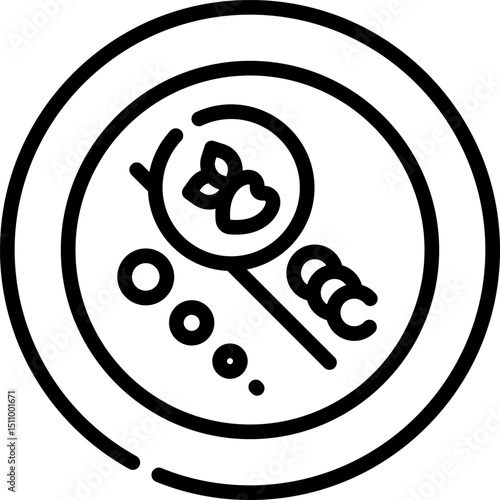 Outline drawing of food on a plate shows a magnifying glass examining ingredients, representing healthy eating and quality control in a restaurant setting.