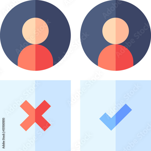 Two faceless avatars representing users are displayed with a check mark and an x mark, symbolizing approval and rejection in a digital interface.