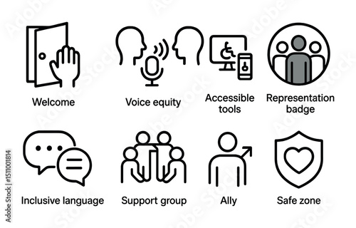 Inclusivity icons: welcome, voice equity, accessible tools, representation badge, inclusive language, support group, ally, safe zone.