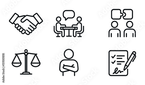 Business communication and legal agreement icons with handshake and scale.