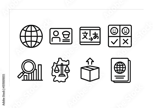 Icon set: global connectivity, identification, translation, evaluation, analytics, law, export, passport.