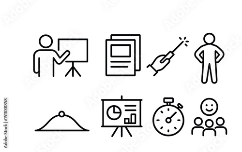 Business presentation and strategy icons: charts, teamwork, planning, stopwatch, confidence.