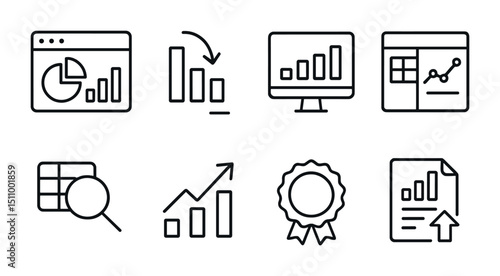 Data analytics icons: charts, graphs, and reports vector set.
