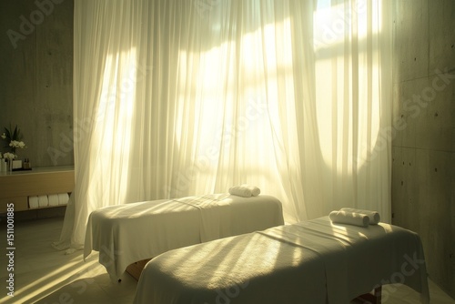 Luxury Spa Room with Massage Tables, Sunlight and Curtains, Wellness and Relaxation Concept