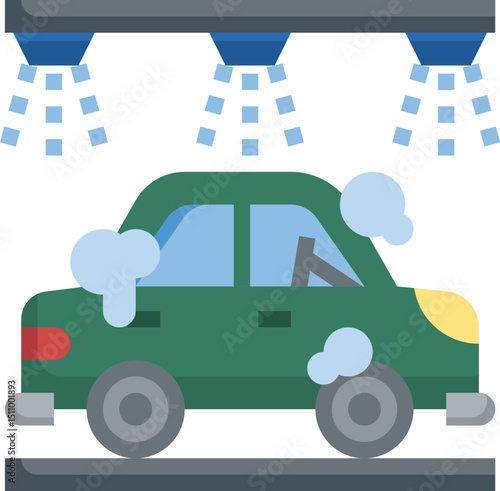 Green car getting washed in automatic carwash with soap and water for clean and shiny look, promoting cleanliness and maintenance.