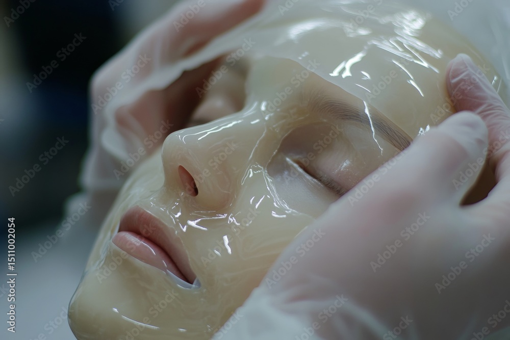 Facial Mask Application Woman Undergoing Beauty Treatment, Hands Holding Mask, Skin Care and Spa Concept. Facial Mask Application Woman Undergoing Beauty Treatment, Hands Holding Mask, Skin Care and Spa Concept.