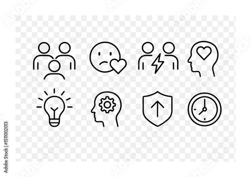 Set of black icons: emotions, ideas, communication, security, time, concepts.
