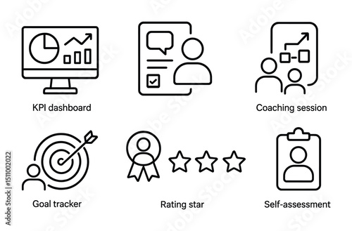 Business tools and concepts icons: kpi dashboard, coaching, goal tracker, rating, self-assessment.
