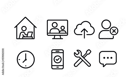 Remote work icons: home office, video call, cloud upload, user management, time, mobile, tools, chat.