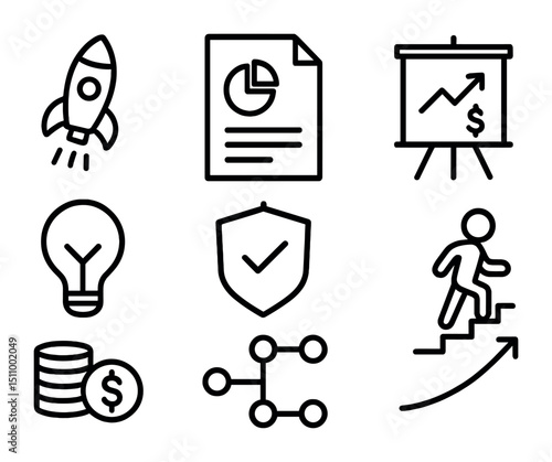 Black and white business icons set featuring rocket, chart, and lightbulb.
