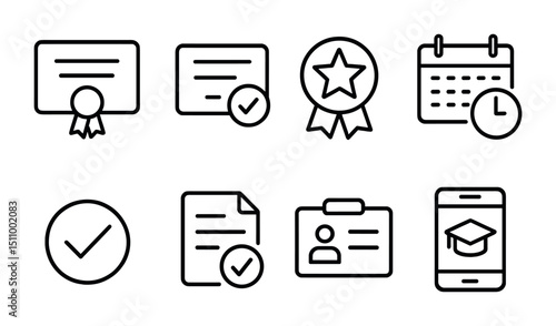 Certification and education icons set including calendar and badge.