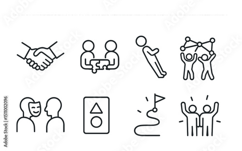 Line icons: teamwork, collaboration, communication, and leadership concepts.