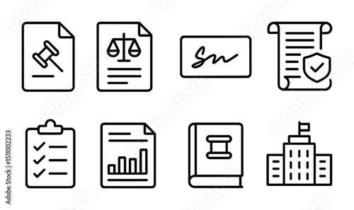 Law and justice icons set featuring legal documents, scales, and courthouse symbols.