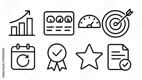 Business and office icons: growth, analytics, speed, target, calendar, award, star, document.